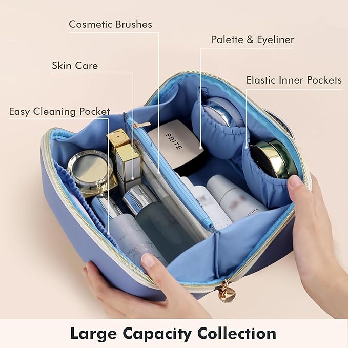 Prite Makeup Bag for Women Travel Waterproof Vegan Leather Cosmetic Bag Open Flat Toiletry Bag With Clear Divider and Handle (Blue)