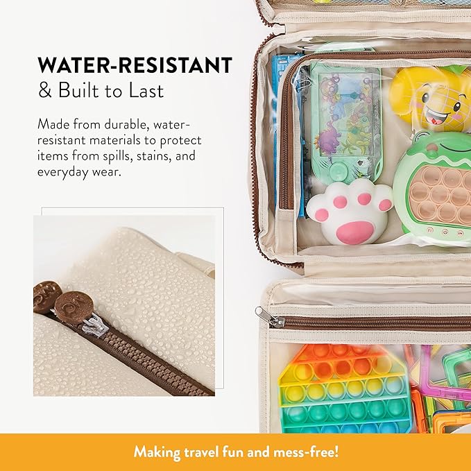 Kids Travel Organizer – Multi-Compartment, Water-Resistant Hanging Bag for Toys, Snacks, & Activities - Compact, Lightweight Design with Hook & Carry Handle - Perfect for Travel Use (Beige, Large)