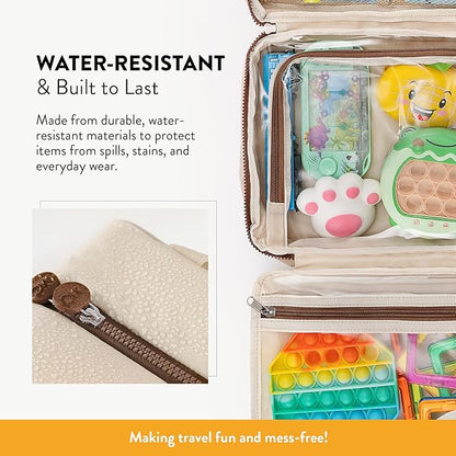 Kids Travel Organizer – Multi-Compartment, Water-Resistant Hanging Bag for Toys, Snacks, & Activities - Compact, Lightweight Design with Hook & Carry Handle - Perfect for Travel Use (Beige, Large)