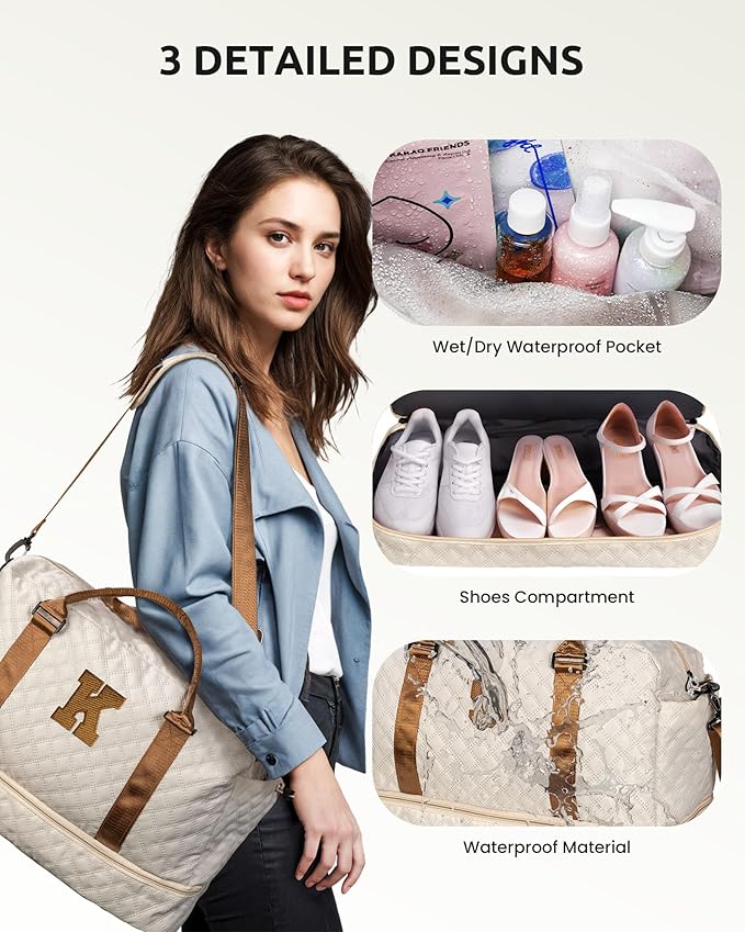Personalized Gifts-Initial Duffle Bag with Shoe Compartment, Personalized Weekender Bag, Monogram Overnight Bag, Letter Travel Bag with Makeup Bag，Birthday Gift for Grandma (Letter O), Beige
