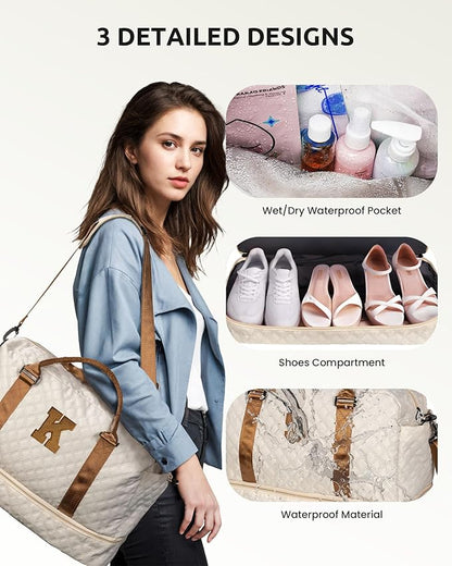 Girls/Kids Initial Duffle Bag with Shoe Compartment, Kids Personalized Travel Bags with Makeup Bag for Women with Trolley Sleeve & Wet Pocket, Gifts for Teenage Girl(Letter E)