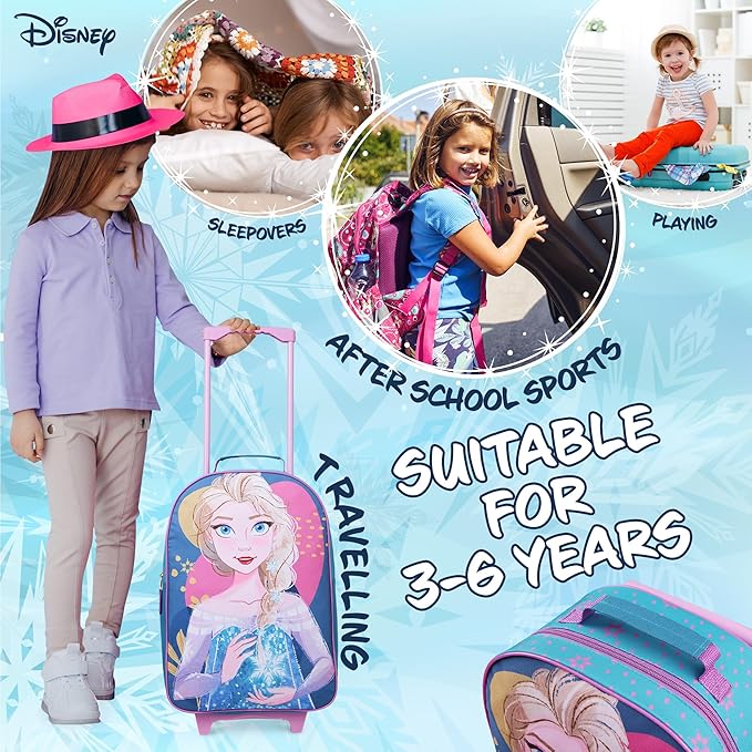 Disney Kids Rolling Luggage 16×11 in, 16‑L Carry‑On Suitcase with Wheels, Foldable Lightweight Travel Bag, Gifts for Kids (Blue Elsa)