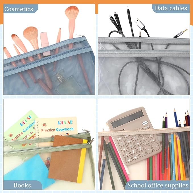 Marspark 30 Pack Classic Color Mesh Zipper Pouch Bags A4 Nylon Organizing Bags Breathable See Through Zipper Pouch with Handle for Office Games