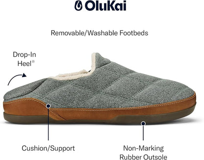 OLUKAI Puku'i Men's Fleece Slippers, Comfortable Activewear Slippers, Premium Full-Grain Leather & Jersey Knit, Drop-In Heel & All-Day Comfort