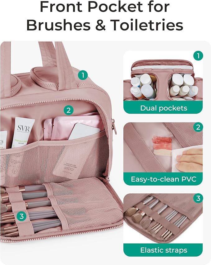 BAGSMART Travel Toiletry Bag, Lightweight Large Wide-open Travel Bag for Women, Puffy Cosmetic Makeup Bag Organizer with Handle for Accessories,Essentials, Toiletries, Dark Pink