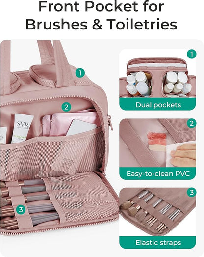 BAGSMART Travel Toiletry Bag, Lightweight Large Wide-open Travel Bag for Women, Puffy Cosmetic Makeup Bag Organizer with Handle for Accessories,Essentials, Toiletries, Dark Pink