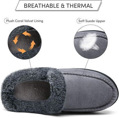 Mishansha Women's House Shoes Memory Foam Suede Moccasin Slippers Winter Warm Fleece Lined Home Shoes with Anti-Skid Rubber Sole