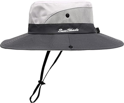 Womens Summer Sun Hat Beach Hat Wide Brim Outdoor UV Protection Hat Foldable Cool Mesh Ponytail Bucket Hat