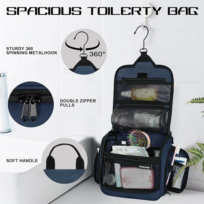 Goloni Hanging Toiletry Bag with Hook, Large Makeup Bag Travel Organizer, Water-Resistant Hanging Cosmetic Bag with 10 Compartments for Women & Men,Blue