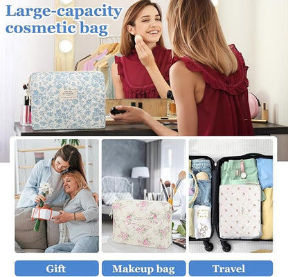 2PC Makeup Bag Set, Cute Cosmetic Bag for Women Girls, Floral Coquette Aesthetic Toiletry Bag, Travel Make Up Organizer Bag (Pink Floral)