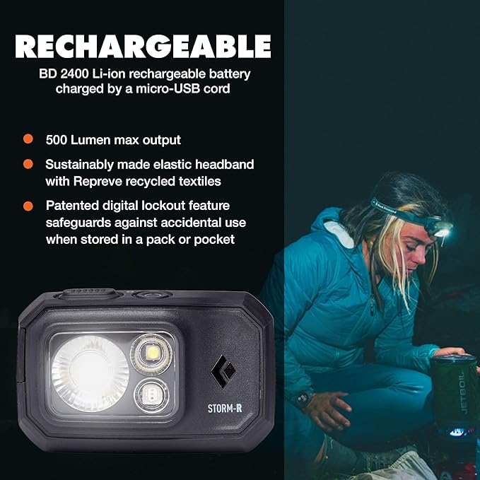 BLACK DIAMOND Storm 500-R Rechargeable Headlamp | 500 Lumens Brightness | Waterproof & Micro-USB Charging | Black