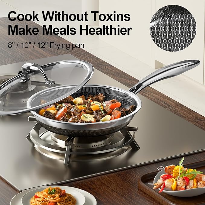 Fogdream 8"10"12" Non Stick Frying Pans, Stainless Steel Skillet with Lid, Tri-Ply Stainless Steel for All Cooktops, Dishwasher and Oven-Safe Cooking Pan, Stay-Cool Handle, Silver