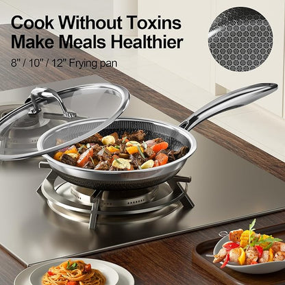 Fogdream 10“11” Non Stick Frying Pans, Stainless Steel Skillet with Lid, Tri-Ply Stainless Steel for All Cooktops, Dishwasher and Oven-Safe Cooking Pan, Stay-Cool Handle, Silver