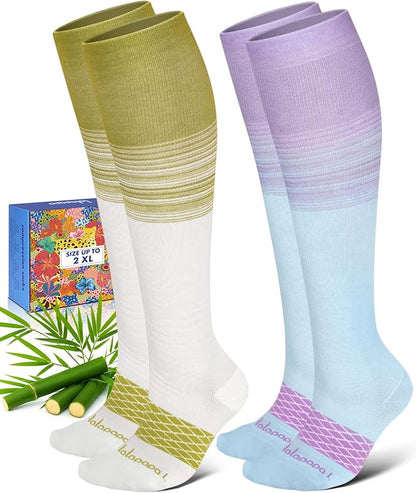 Bamboo Viscose Compression Socks for Women Men 2 Pairs 15-20mmHg Knee High Compression Socks Travel Nurse