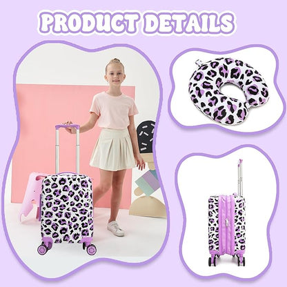 Kid's Luggage Set 2 Piece Suitcase Set Hardside Luggage with Spinner Wheels Girls Carry on Toddler Travel Rolling Suitcase with Neck Pillow Airline Approved