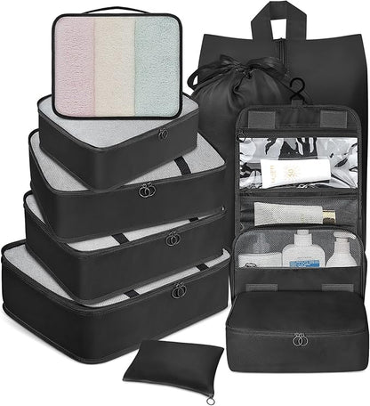 10 Set Packing Cubes for Travel, Travel Organizer with Hanging Toiletry Bag and Shoe Bag, Luggage Organizer Bags for Travel Essentials Women Men