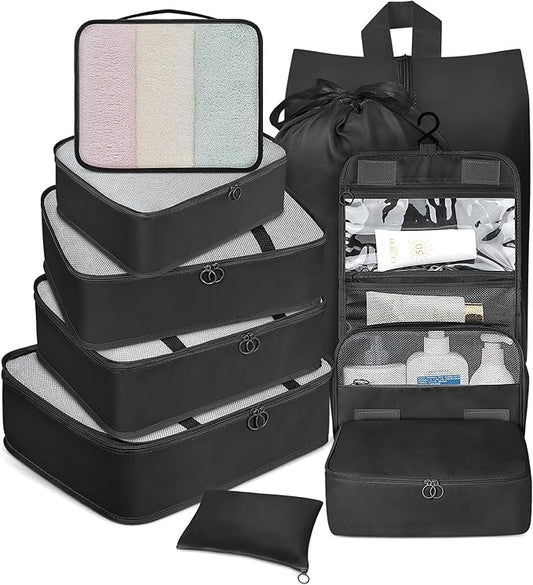 10 Set Packing Cubes for Travel, Travel Organizer with Hanging Toiletry Bag and Shoe Bag, Luggage Organizer Bags for Travel Essentials Women Men