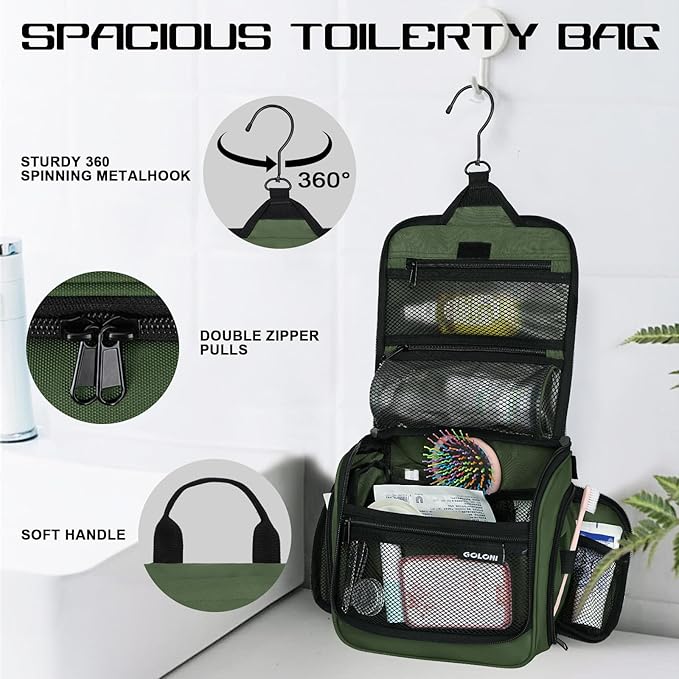 Goloni Hanging Toiletry Bag with Hook, Large Makeup Bag Travel Organizer, Water-Resistant Hanging Cosmetic Bag with 10 Compartments for Women & Men,Green