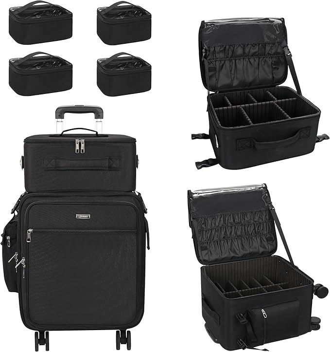 Relavel Rolling Makeup Case Professional Makeup Train Case,Makeup Artist Travel Bag with Wheels,6-in-1 Portable Travel Beauty Trolley Case for Cosmetology Storage(Black)