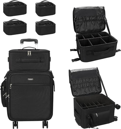 Relavel Rolling Makeup Case Professional Makeup Train Case,Makeup Artist Travel Bag with Wheels,6-in-1 Portable Travel Beauty Trolley Case for Cosmetology Storage(Black)