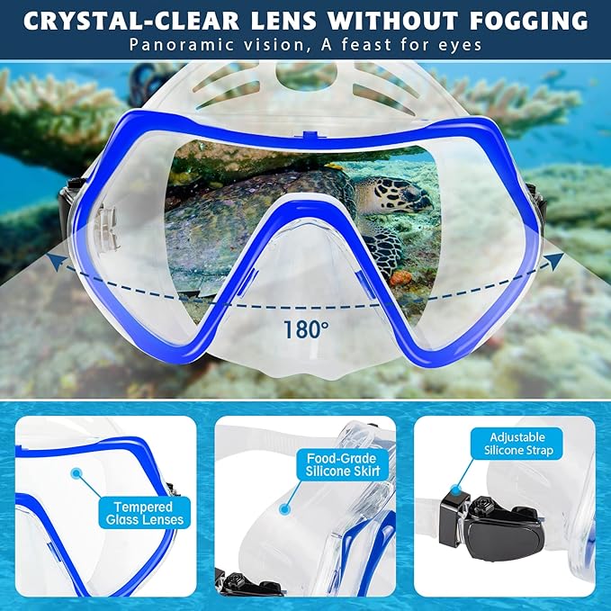 ZEEPORTE Mask Fin Snorkel Set, Travel Size Snorkeling Gear for Adults with Panoramic View Anti-Fog Mask, Trek Fins, Dry Top Snorkel and Gear Bag for Swimming Training, Snorkeling Kit Diving Packages