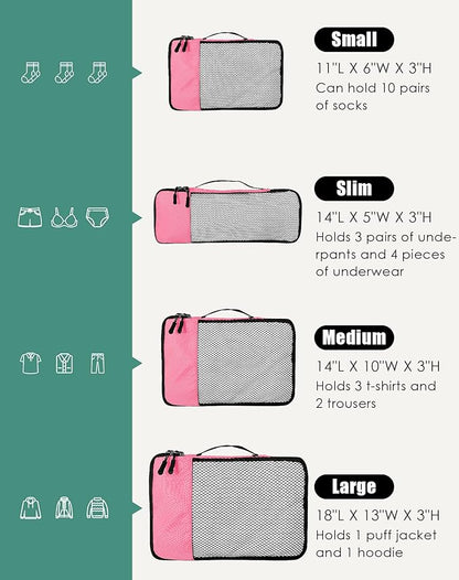 4-Piece Packing Cubes Travel Accessories Set for Suitcases - Luggage Organizer Bags with Double Zipper - Mesh Top - Small/Medium/Large/Slim - Pink