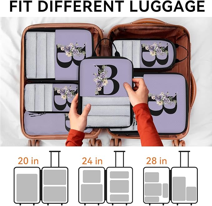 Custom Name 6 Set Compression Packing Cubes for Travel Accessories Customized Expandable Packing Organizers Personalized Carry On Essentials Luggage Bags, Lavender