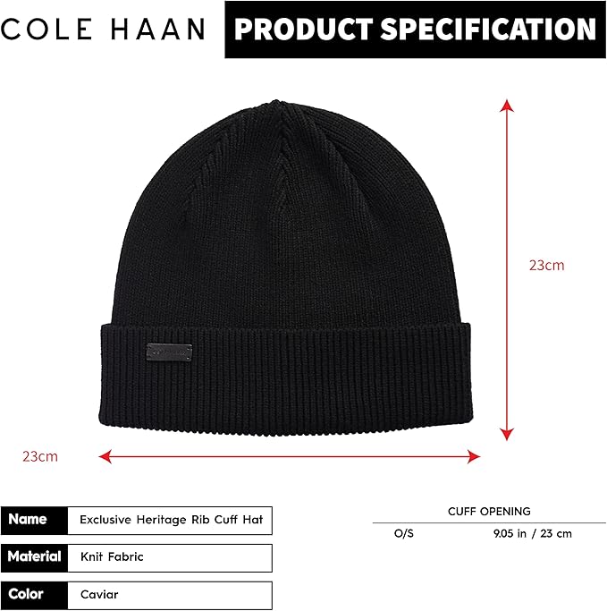 Cole Haan Men's Heritage Rib Cuff Wool Beanie Hat, One Size