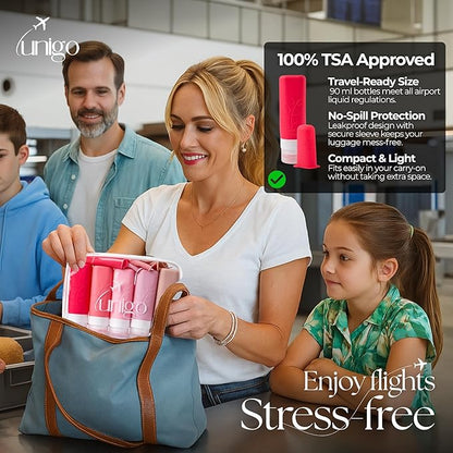 unigo Travel Bottles For Toiletries, 5-pack 3.oz TSA Aprroved Travel Size Bottles, Containers For Toiletries, BPA Free, Leak Prrof, Refillable Containers Bottles (Pink)