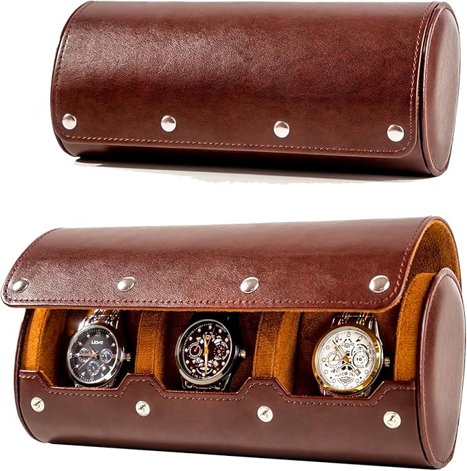 MR.OKAY 3 Watch Travel Case- Classic Leather Watch Case With Superb Texture.Portable Watch Roll Or Organizer For Storage And Display. Men's Great Gift For Traveling, 100% Handmade by Artisans.