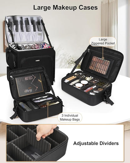 Relavel Rolling Makeup Case, 3 in 1 Hairstylist Traveling Bag Cosmetology Case on Wheels Large Hair Tools Cosmetics Train Case Makeup Artist Storage Organizer Trolley Suitcase with 360° Swivel Wheels