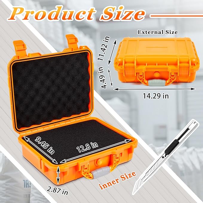 1 Pcs 14.3 x 11.4 x 4.5 Inch Waterproof Hard Case with DIY Customizable Foam Insert Portable Protective Case with Knife for Camera Drones Equipments Tools Test Instruments (Orange)