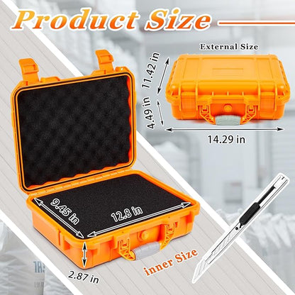 1 Pcs 14.3 x 11.4 x 4.5 Inch Waterproof Hard Case with DIY Customizable Foam Insert Portable Protective Case with Knife for Camera Drones Equipments Tools Test Instruments (Orange)