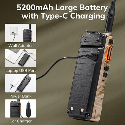 BAOFENG UV-25 10W Dual Band Ham Handheld Radio, Tri-Power, UHF VHF FM Airband NOAA Receiver with 5200mAh Battery USB-C Port, 999CH, Tactical Two Way Radio for Adults, Chirp Compatible, Coyote Brown