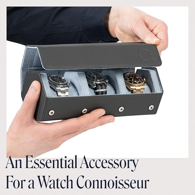 QWATCHBANDS Napa Leather Watch Rolls for Men - Hexagon Triple Watch Roll Travel Case for 3 Watches - Storage Organizer Genuine Leather with Velvet Interior Display (Gray/Blue)