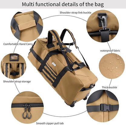 80L Waterproof Rolling Duffel Bag with Wheels,Rolling Garment Bag,Military Tactical Wheeled Foldable Backpack For Deployment Traveling Camping Sporting (Khaki)