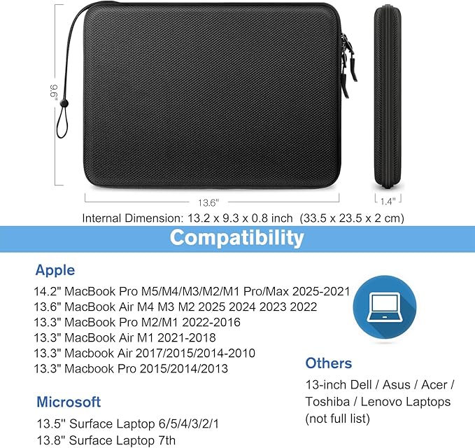 FINPAC Hard Laptop Sleeve Case for 13 inch MacBook Air M4 2025 A3240 M3 2024 A3113, 14 inch MacBook Pro M5/M4/M3/M2 A3434 A3401, 13" Air/Pro, Waterproof Case for Dell, Surface Laptop, HP, Acer, Black
