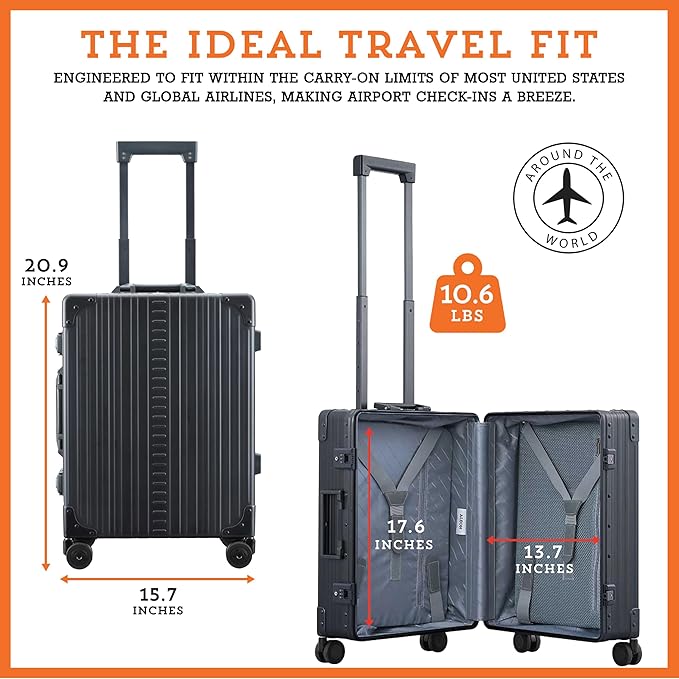 Aleon All Aluminum Lightweight Carry-On Luggage - Hardside Carry-On Suitcase, TSA Approved, Hard Shell Suitcase for Travel, Airline Approved 21 Inch Hard Spinner Wheels Luggage (Onyx)