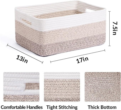Large Storage Baskets for Organizing, Closet Shelf Baskets for Clothes Blanket Towels, Baby Nursery, Toy Bins Box, Woven Rope Basket, 17 x 13 x 7.5”, 3 Packs Gradient Brown
