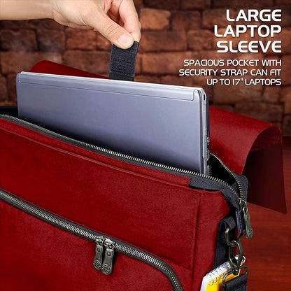 ENHANCE Collector's Edition RPG Player's Essentials DND Bag - Dragon Hide Exterior Messenger Bag Fits 2-4 Books, Binders, Dice & Accessories, with 17 inch Laptop Slot, Battlemap Straps (Dragon Red)