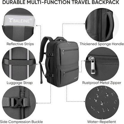 BALEINE Travel Backpack for Women Men, Large Sturdy Carry On Laptop Backpack Gifts for Business, Casual, Weekender, Hiking (Large, Black)