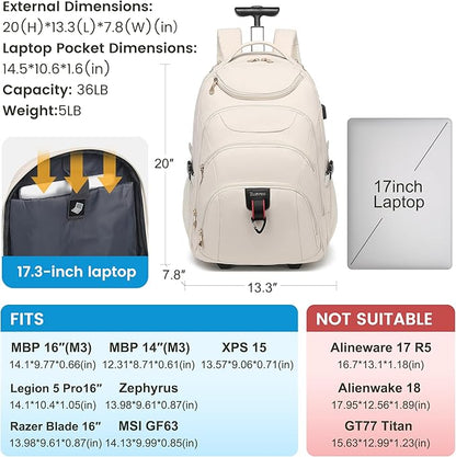 Boavan Rolling Backpack for Women, 17.3 Inch Wheeled Laptop Backpack,Large Travel Carry-On Bag for Teachers College Students, USB Charging Port Waterproof Business for Airplane Overnight Luggage，Beige