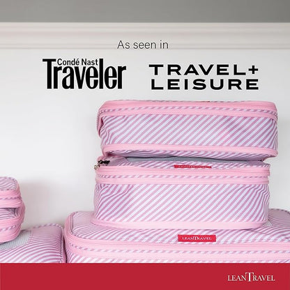 LeanTravel Compression Packing Cubes for Travel Organizers with Double Zipper (6-Pack (2L+2M+2S), Pink Stripes)
