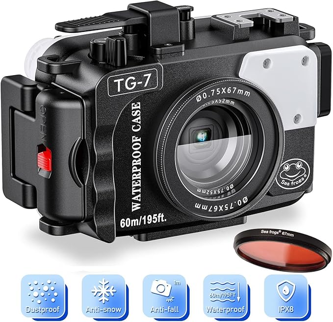 Sea frogs Camera Housing Compatible with Olympus TG7, with Red Filter, Waterproof IPX8 Rated, 60m/197ft Depth Protection Underwater Camera Case, Black