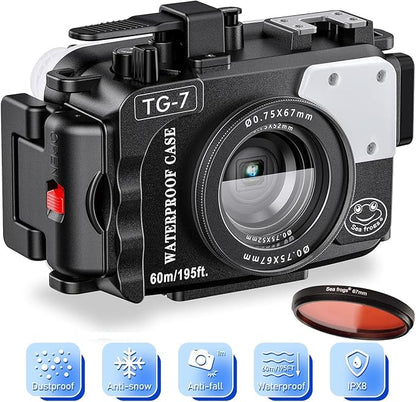 Sea frogs Camera Housing Compatible with Olympus TG7, with Red Filter, Waterproof IPX8 Rated, 60m/197ft Depth Protection Underwater Camera Case, Black