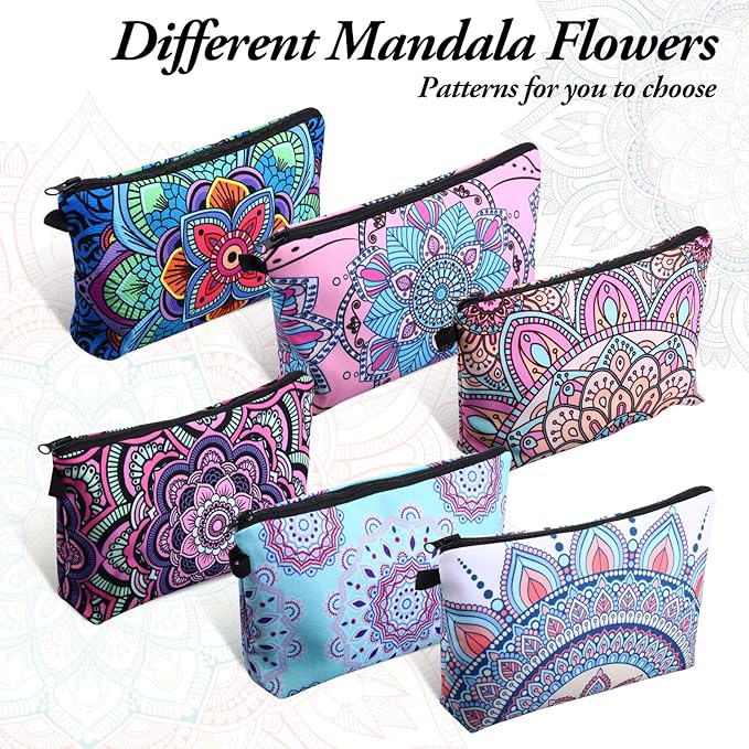 Dunzy 16 Pcs Makeup Bags Bulk Graduation Gift Cosmetic Bag Makeup with Zipper Pouch Waterproof Portable Travel Toiletry for Women Teacher Birthday Thanksgiving Christmas Gifts (Mandala)