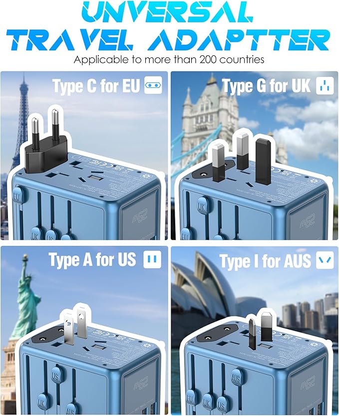 Universal Travel Adapter Offers 6.0A 3X 3.0A USB-C Ports, 2X 2.4A USB-A Ports and 2500W Multi AC Outlet, International Power Plug Adapter Worldwide Travel Charger for EU USA UK AUS (Blue)