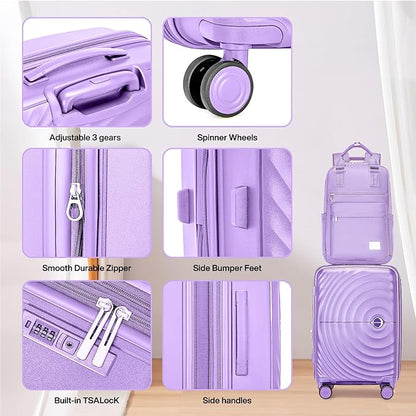 LARVENDER Carry On Luggage 22x14x9 Airline Approved, Expandable PP 20 inch Carry On Suitcases with Wheels, Lightweight Luggage Sets 3 Pieces for Women(LAVENDER/20/BP/TB)