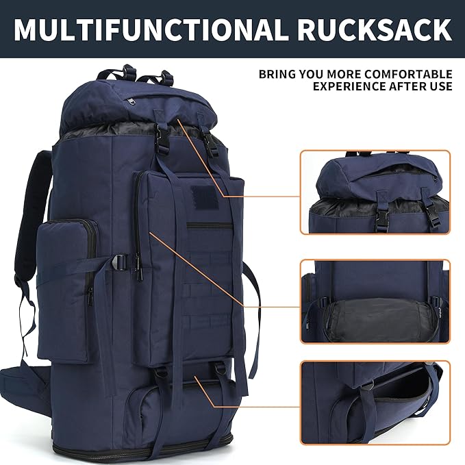 100L Hiking Camping Backpack MOLLE Rucksack Waterproof Daypack (Blue)