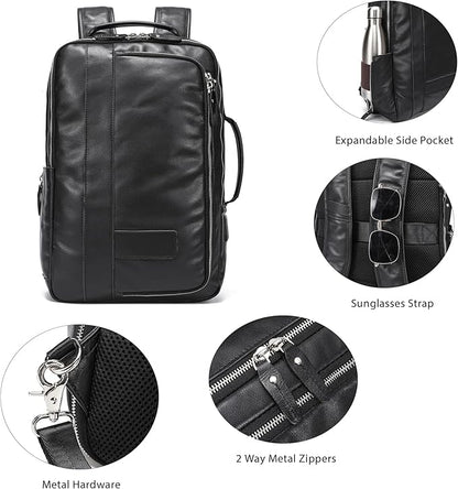 LANNSYNE Vegetable Tanned Leather Backpack for men, Expandable Leather Backpack Fits 15.6 Laptop, Tote Shoulder Travel Bag Rucksack